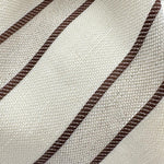 Cruciani &amp; Bella
60% Cotton&nbsp; 40% Linen
Jaquard
Self Tipped Tie
Off White and Light Brown Stripes
Handmade in Italy
9 cm x 148 cm
New Old Stock