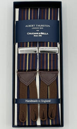 Albert Thurston for Cruciani &amp; Bella Made in England Adjustable Sizing 40 mm Woven Barathea&nbsp; Blue ,Brown and Yellow&nbsp; Stripes&nbsp; Motif&nbsp; Braces Y-Shaped Nickel Fittings Size: MULTIFIT