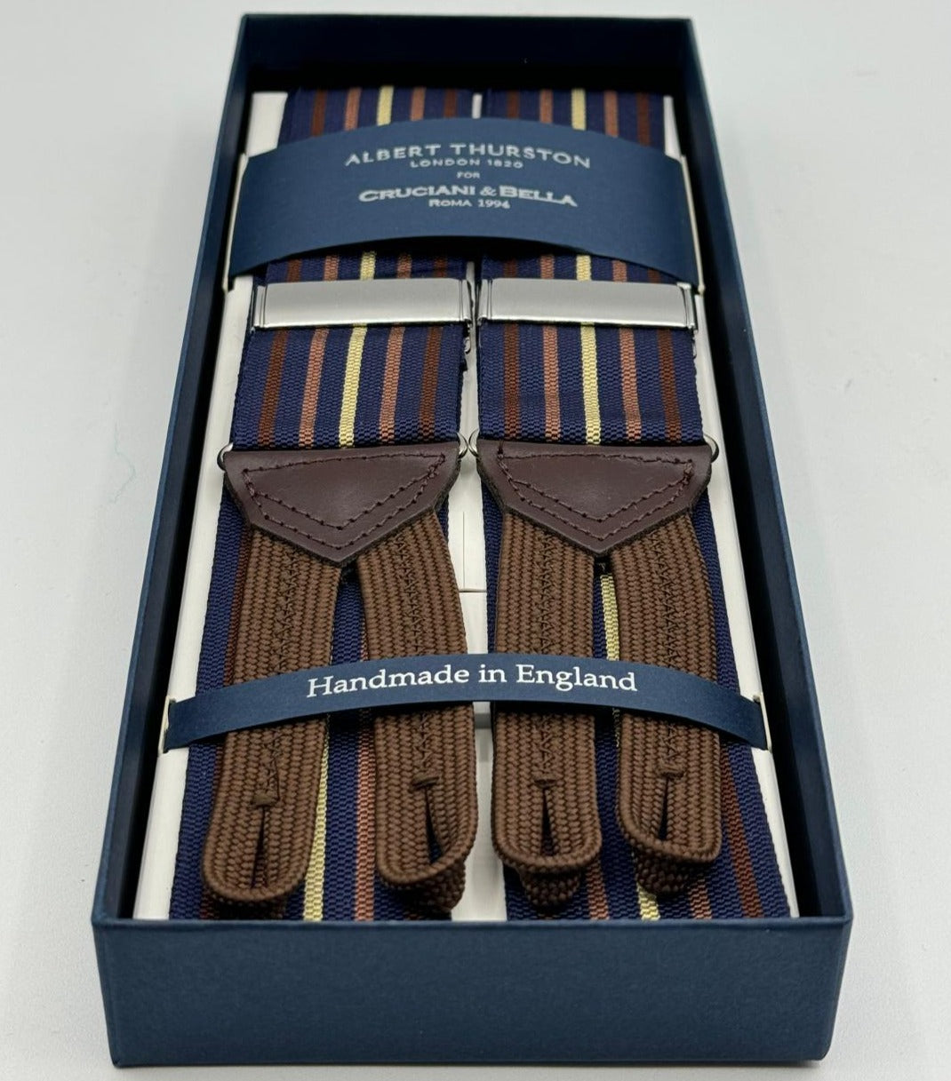 Albert Thurston for Cruciani &amp; Bella Made in England Adjustable Sizing 40 mm Woven Barathea&nbsp; Blue ,Brown and Yellow&nbsp; Stripes&nbsp; Motif&nbsp; Braces Y-Shaped Nickel Fittings Size: MULTIFIT