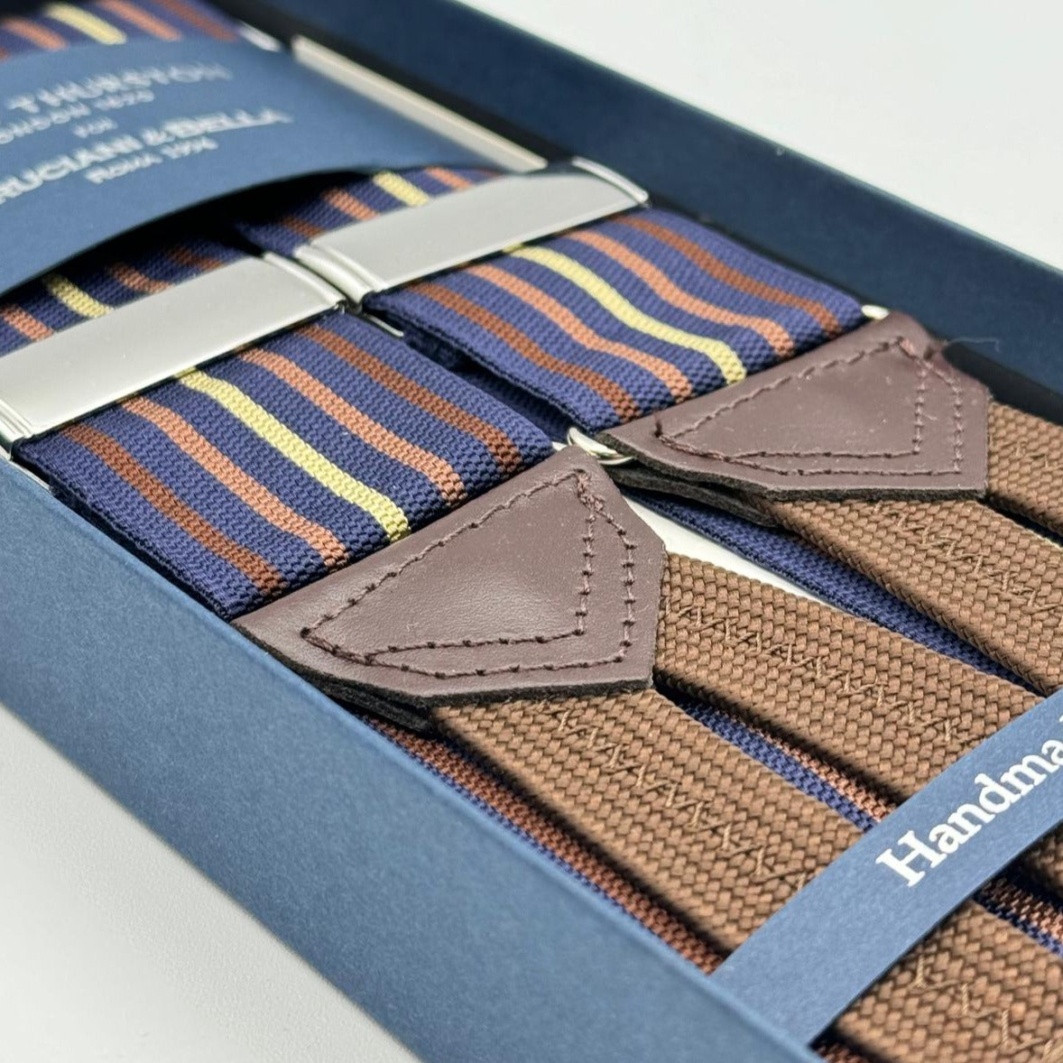 Albert Thurston for Cruciani &amp; Bella Made in England Adjustable Sizing 40 mm Woven Barathea&nbsp; Blue ,Brown and Yellow&nbsp; Stripes&nbsp; Motif&nbsp; Braces Y-Shaped Nickel Fittings Size: MULTIFIT