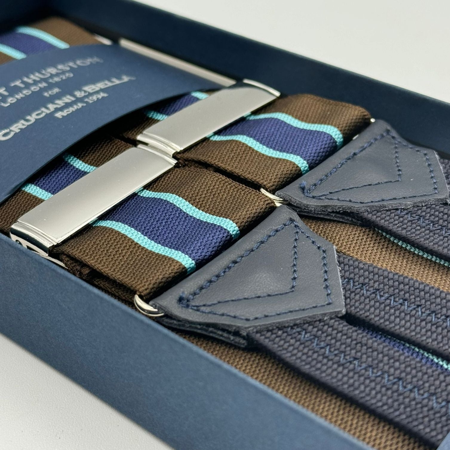 Albert Thurston for Cruciani &amp; Bella Made in England Adjustable Sizing 40 mm Woven Barathea&nbsp; Brown, Blue and Light Blue Stripes&nbsp; Motif&nbsp; Braces Y-Shaped Nickel Fittings Blue Leather Size: MULTIFIT