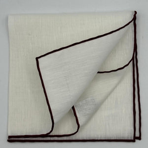 Cruciani &amp; Bella 60%Linen 40% Cotton Hand-rolled&nbsp; -&nbsp; Pocket Square White and Red Wine Handmade in Italy  33 cm X 33 cm