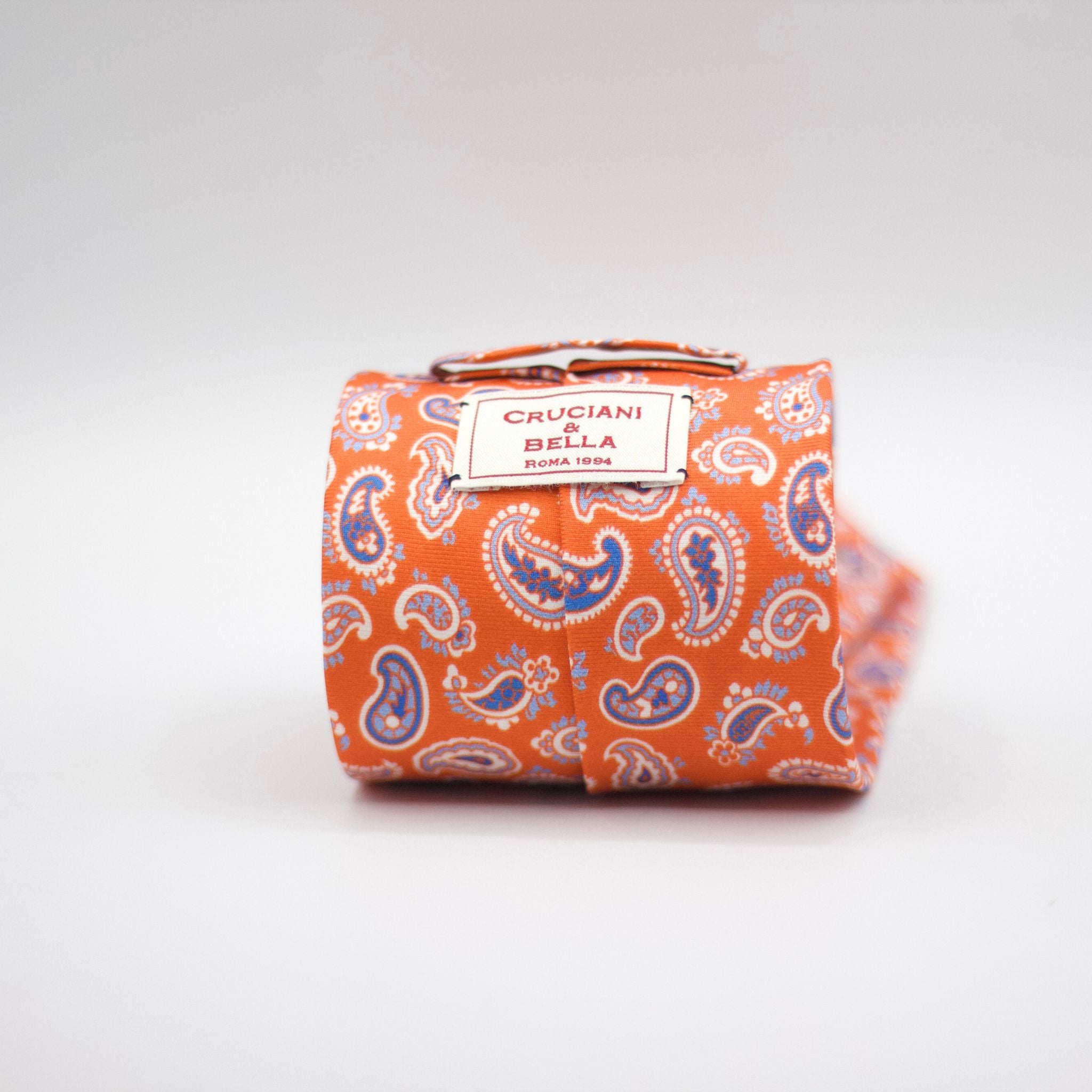 Cruciani &amp; Bella 100% Printed Silk Silk Made in England&nbsp; Self-tipped Orange, Blue and White Paisley Motif Tie 8 cm x 150 cm Handmade in &nbsp;England