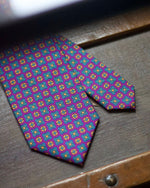 Cruciani &amp; Bella 100% Printed Silk Silk Made in England&nbsp; Self-tipped Purple, Green, Light Blue and Orange Motif Tie 8 cm x 150 cm Handmade in &nbsp;England