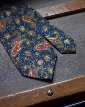 Cruciani &amp; Bella 100% Printed Silk Self-Tipped Blue, Brown, Red and Yellow Paisley Motif Tie 8 cm x 150 cm Handmade in Italy