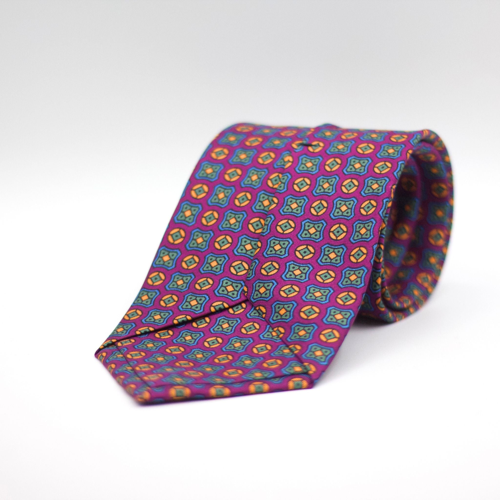 Cruciani &amp; Bella 100% Printed Silk Silk Made in England&nbsp; Self-tipped Purple, Green, Light Blue and Orange Motif Tie 8 cm x 150 cm Handmade in &nbsp;England