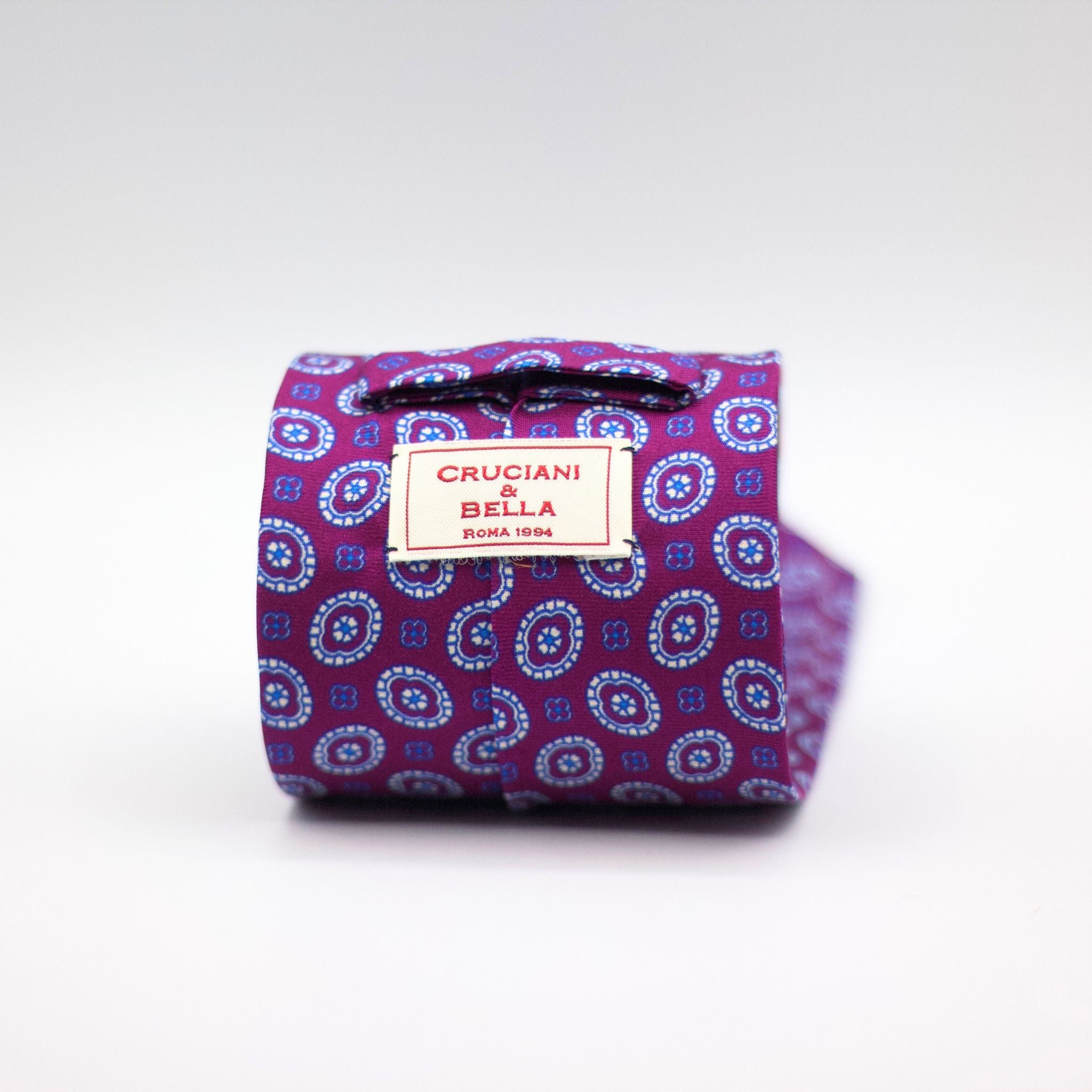 Cruciani &amp; Bella 100% Printed Silk Silk Made in England&nbsp; Self-tipped Purple, Light Blue and White Motif Tie 8 cm x 150 cm Handmade in &nbsp;England