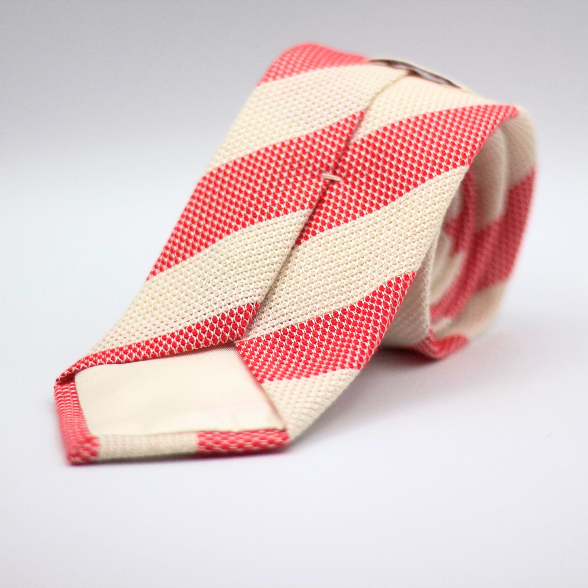 Cruciani &amp; Bella 100% Silk Garza Grossa Woven in Italy Tipped Red and off White Stripes Tie Handmade in Italy 8 cm x 150 cm