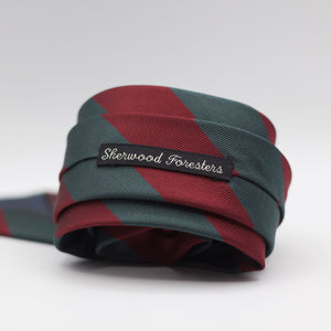 Holliday &amp; Brown 100% Jacquard Silk Tipped "Sherwood Foresters" Regimental Tie Burgundy, Grey/Green Stripes Handmade in Italy 8 cm x 148 cm