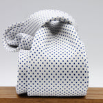 Cruciani &amp; Bella
100% Silk
Printed
Self-Tipped
White, Blue Pin Dots Tie
Handmade in Rome, Italy.
8 cm x 150 cm
#7798