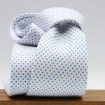 Cruciani &amp; Bella
100% Printed Silk

Self-Tipped
White and Light Blue Pindots Tie&nbsp;
Handmade in Rome, Italy.

8 cm x 150 cm
#8857