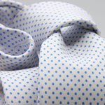 Cruciani &amp; Bella
100% Printed Silk

Self-Tipped
White and Light Blue Pindots Tie&nbsp;
Handmade in Rome, Italy.

8 cm x 150 cm
#8857