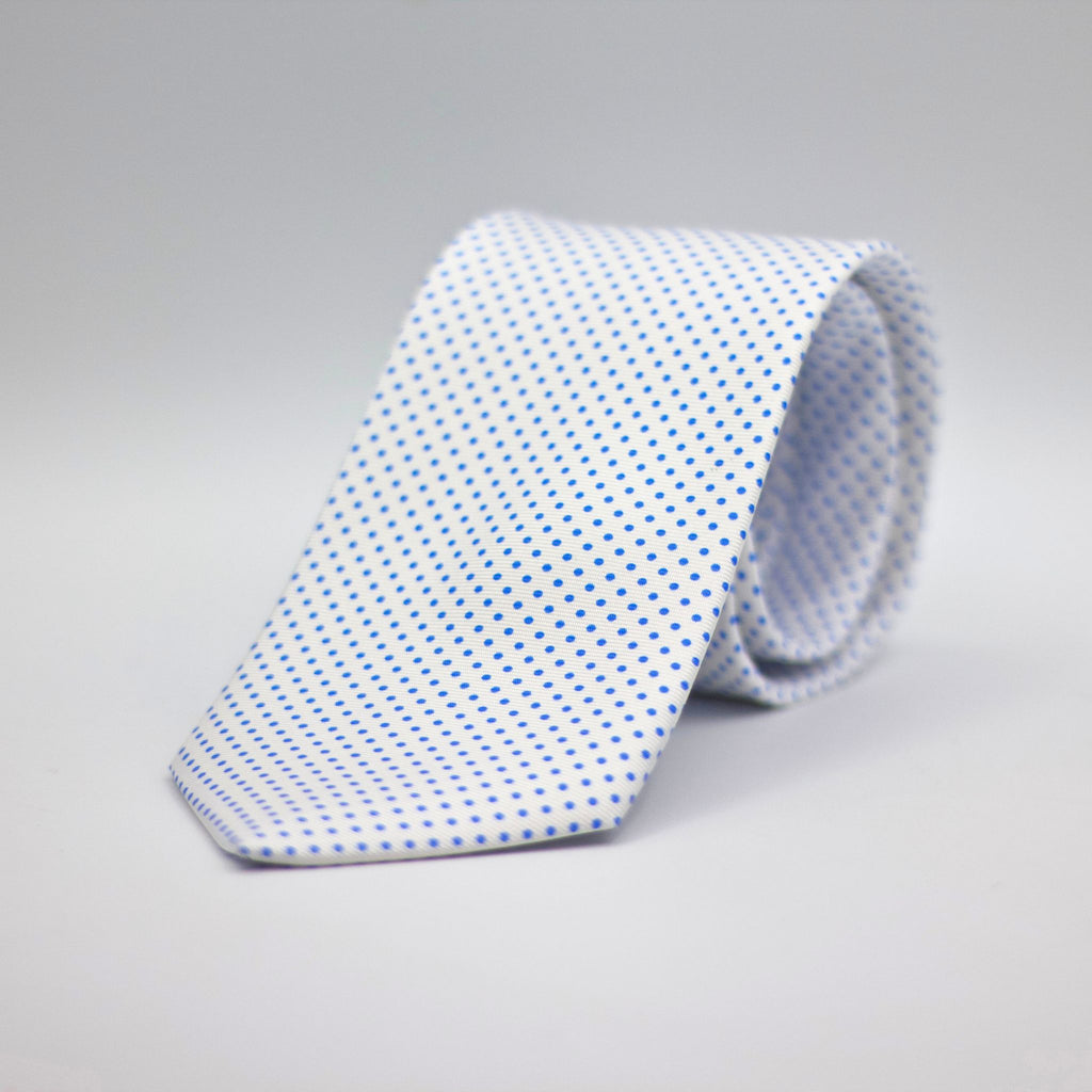 Cruciani &amp; Bella 100% Printed Silk Self-Tipped White, Blue Pindots Tie&nbsp; Handmade in Rome, Italy. 8 cm x 150 cm