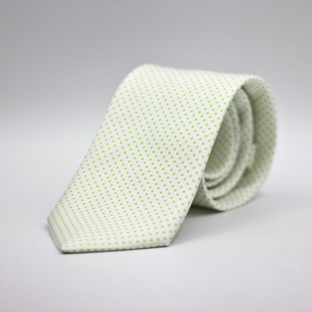 Cruciani &amp; Bella 100% Printed Silk Self-Tipped White, Green Lime Pindots Tie Handmade in Rome, Italy. 8 cm x 150 cm