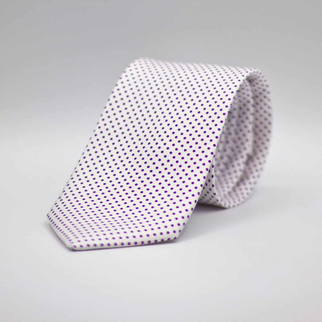 Cruciani &amp; Bella 100% Printed Silk Self-Tipped White, Purple Pindots Tie Handmade in Rome, Italy. 8 cm x 150 cm