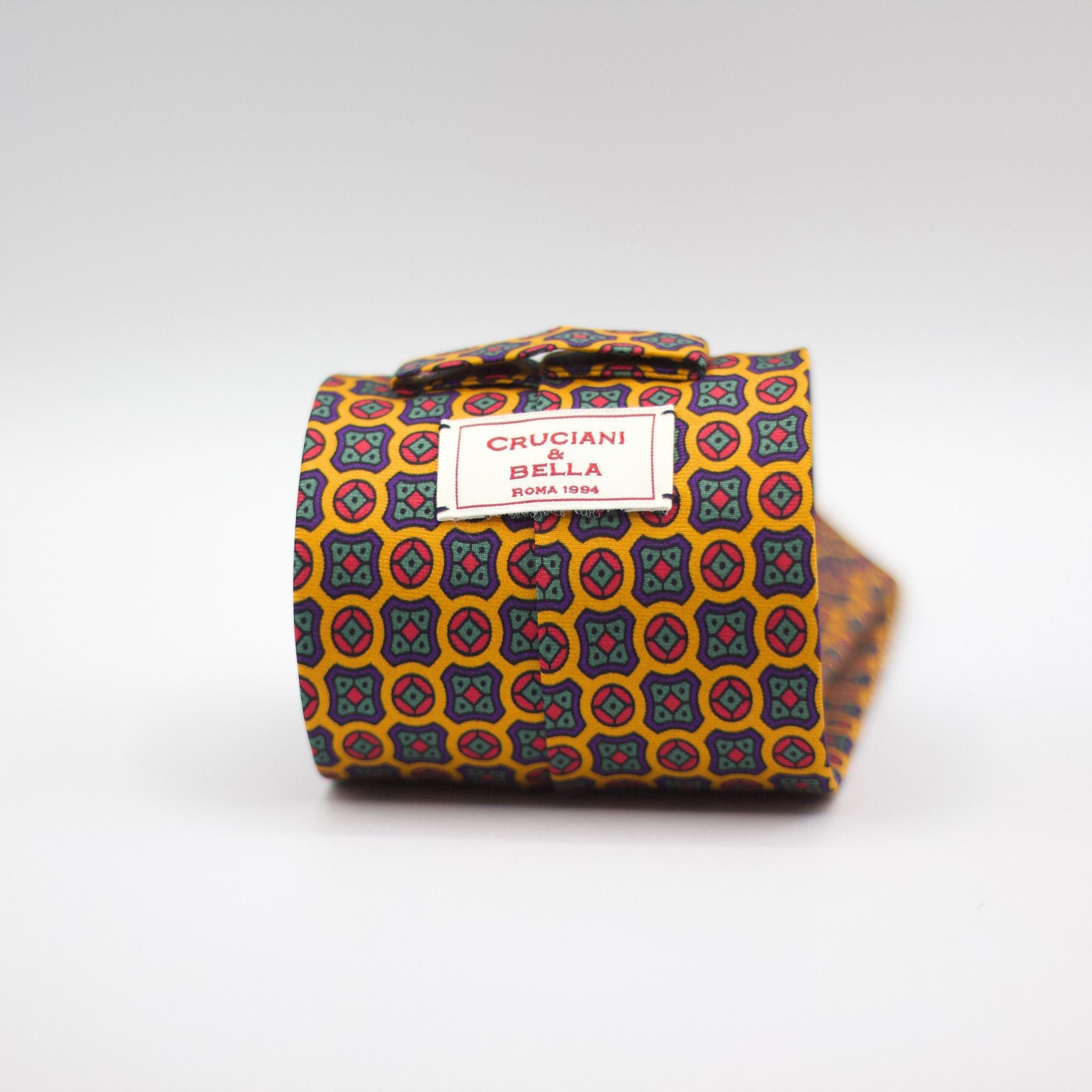 Cruciani &amp; Bella 100% Printed Silk Silk Made in England&nbsp; Self-tipped Yellow, Orange, Green and Purple Motif Tie 8 cm x 150 cm Handmade in &nbsp;England