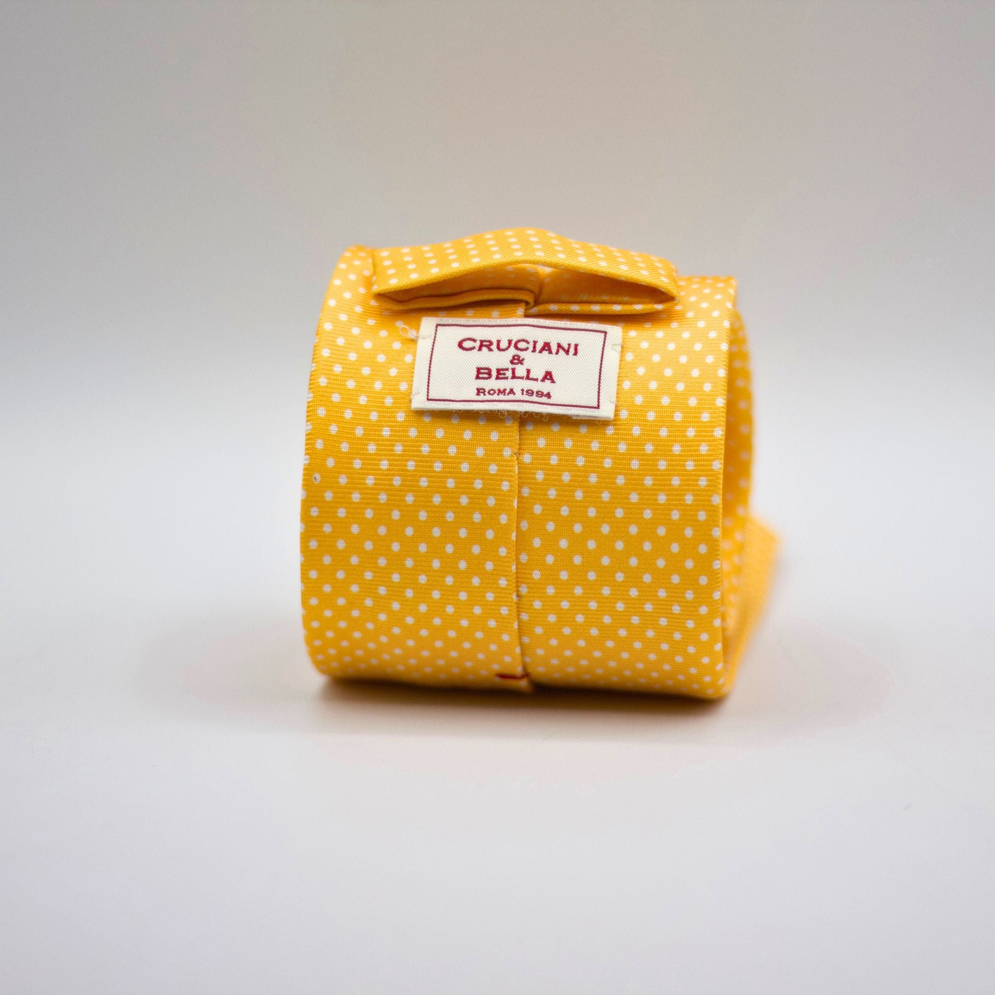 Cruciani &amp; Bella 100% Printed Silk Self-Tipped Yellow, White Pindots Tie&nbsp; Handmade in Rome, Italy. 8 cm x 150 cm