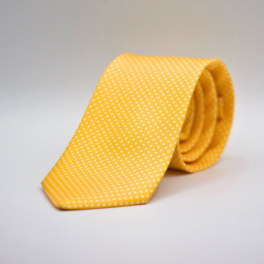 Cruciani &amp; Bella 100% Printed Silk Self-Tipped Yellow, White Pindots Tie&nbsp; Handmade in Rome, Italy. 8 cm x 150 cm