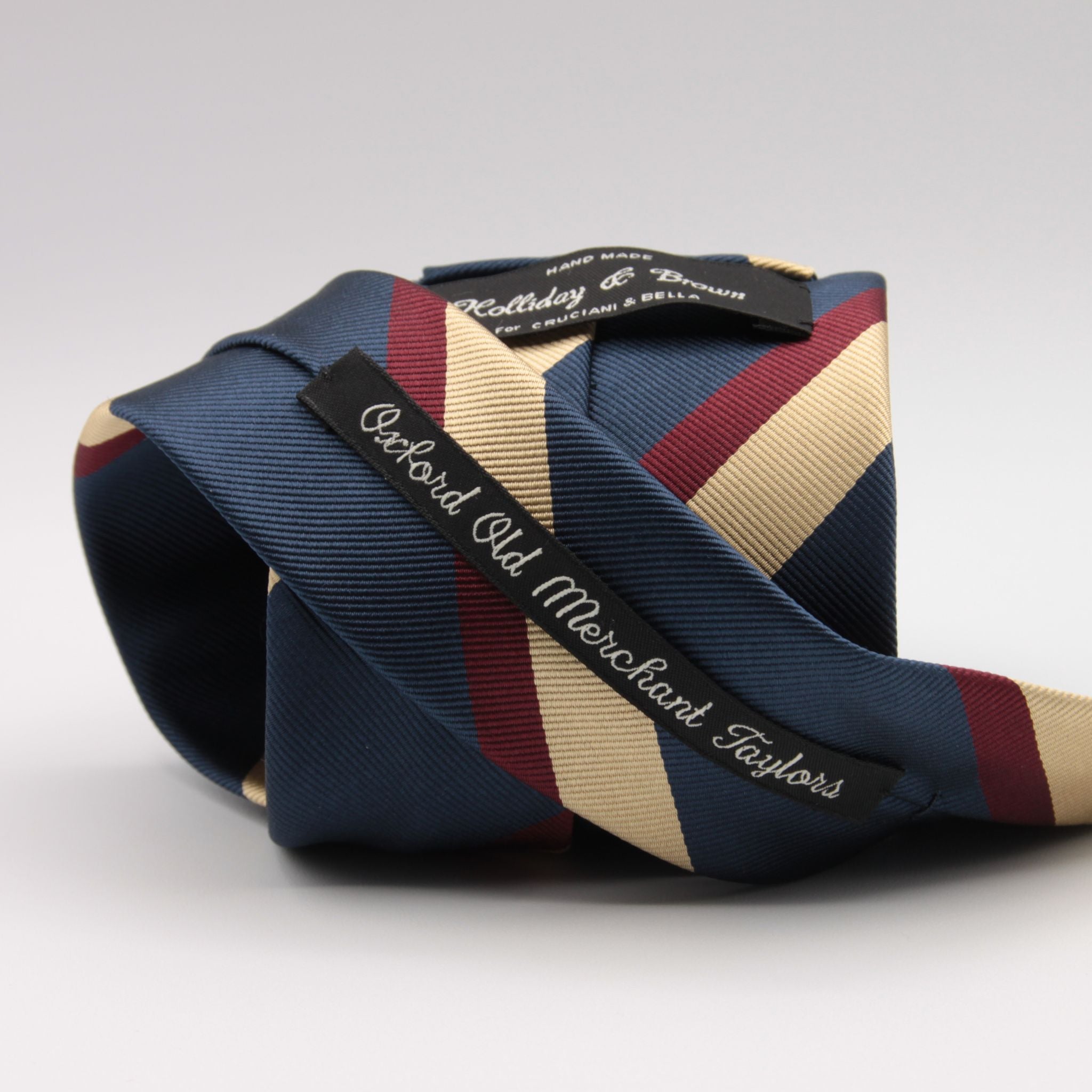 Holliday & Brown for Cruciani & Bella 100% Silk Jacquard  Regimental "Oxford Old Merchant Taylors" Blue, Burgundy and Gold stripe tie Handmade in Italy 8 cm x 150 cm