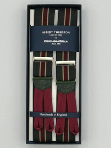 Albert Thurston for Cruciani & Bella Made in England Adjustable Sizing 35 mm Elastic Braces Green and Red Stripe Braces Braid ends Y-Shaped Nickel Fittings Size: L