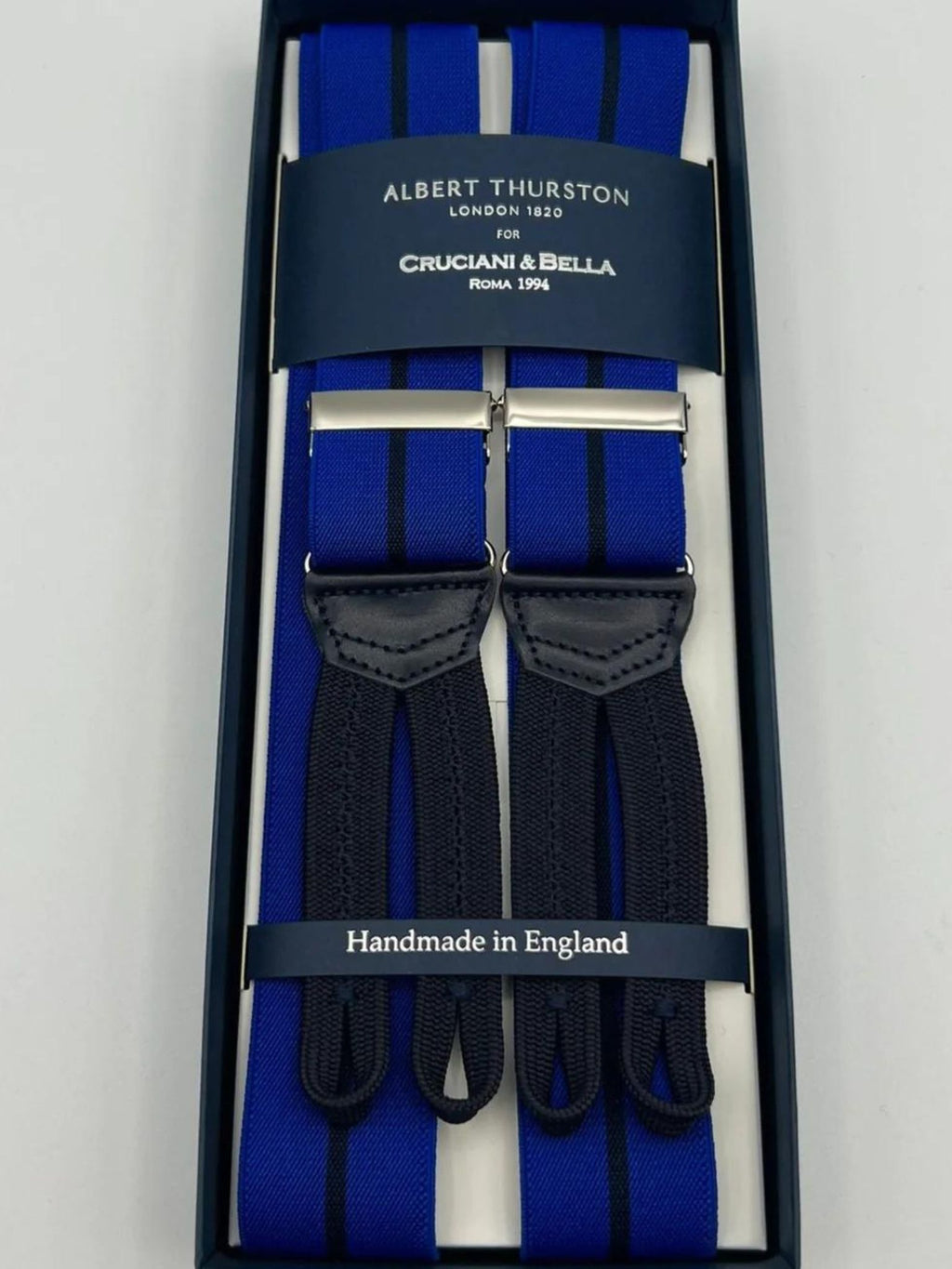 Albert Thurston for Cruciani & Bella Made in England Adjustable Sizing 35 mm Elastic Braces Light Blue and Blue Stripe Braces Braid ends Y-Shaped Nickel Fittings Size: L