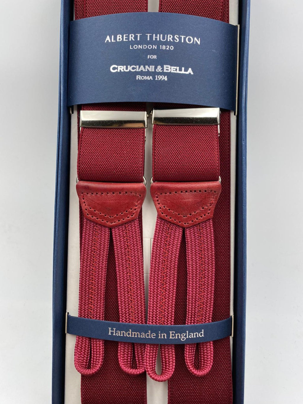 Albert Thurston for Cruciani & Bella Made in England Adjustable Sizing 35 mm elastic braces Wine Plain Braid ends Y-Shaped Nickel Fittings Size: XL