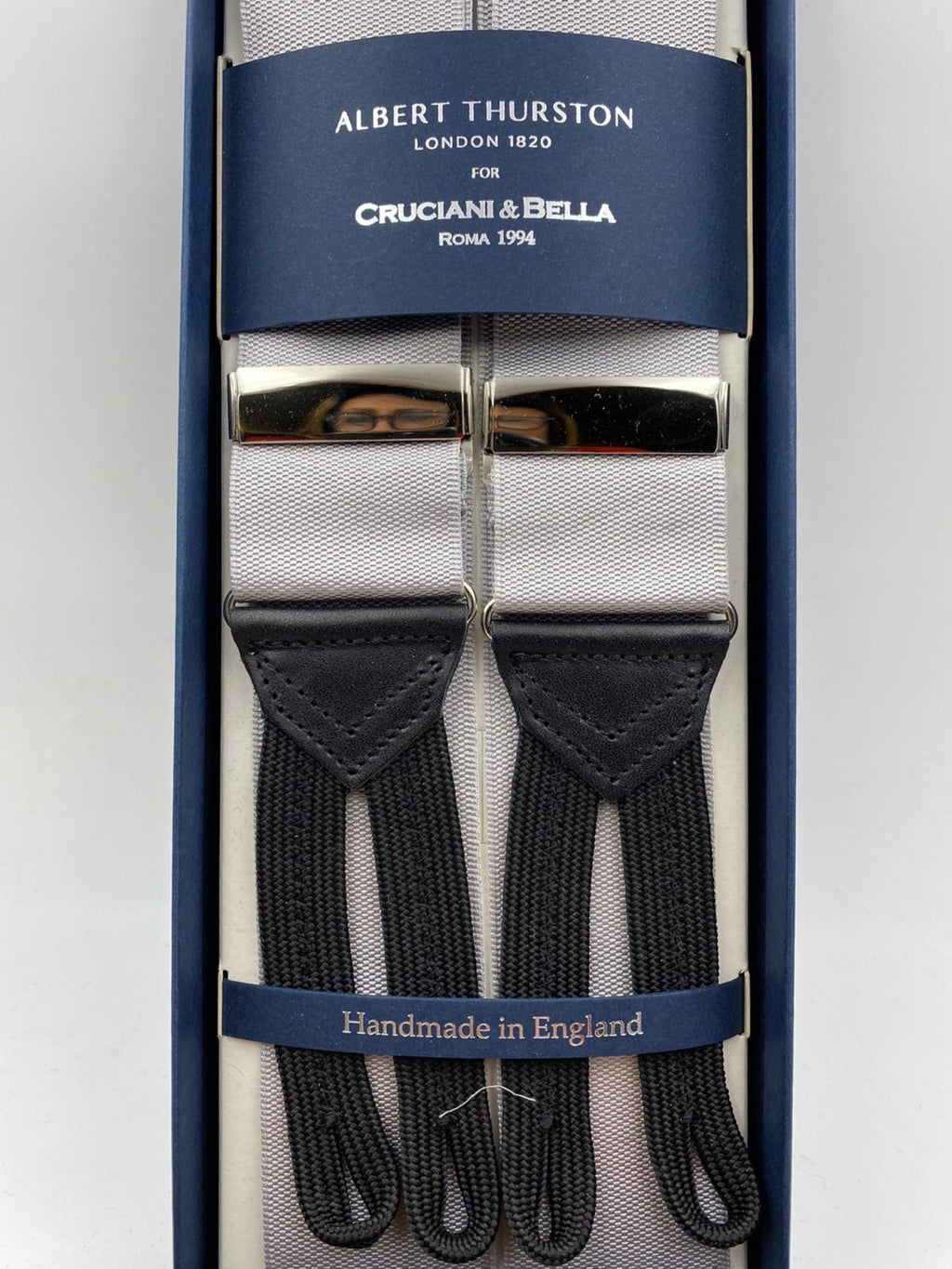 Albert Thurston for Cruciani & Bella Made in England Adjustable Sizing 40 mm Woven Barathea  Grey  braces Braid ends Y-Shaped Nickel Fittings Size: XL