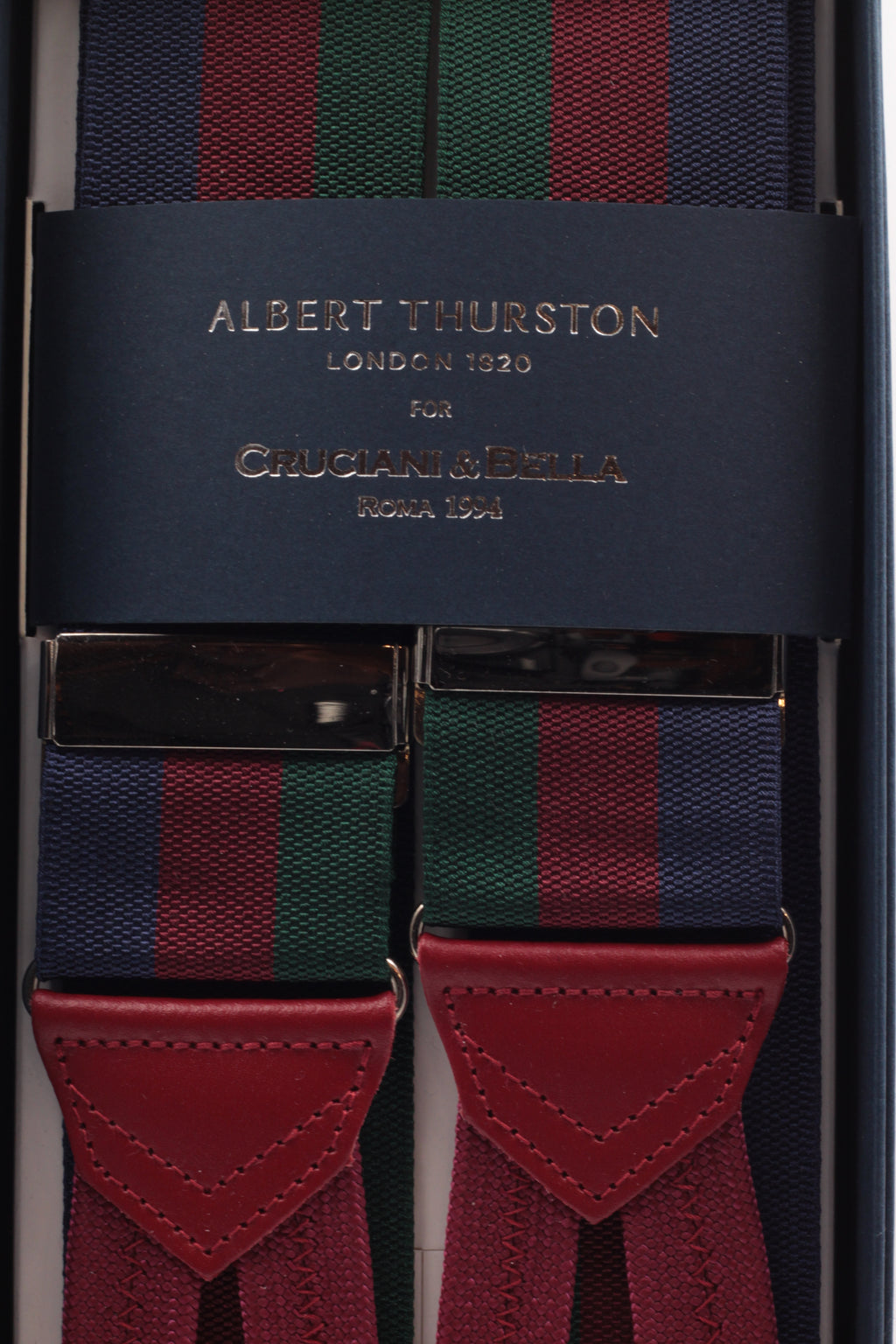 Albert Thurston for Cruciani & Bella Made in England Adjustable Sizing 40 mm Woven Barathea  Red, green and blue navy stripes "Blackwatch" braces Braid ends Y-Shaped Nickel Fittings Size: Xl