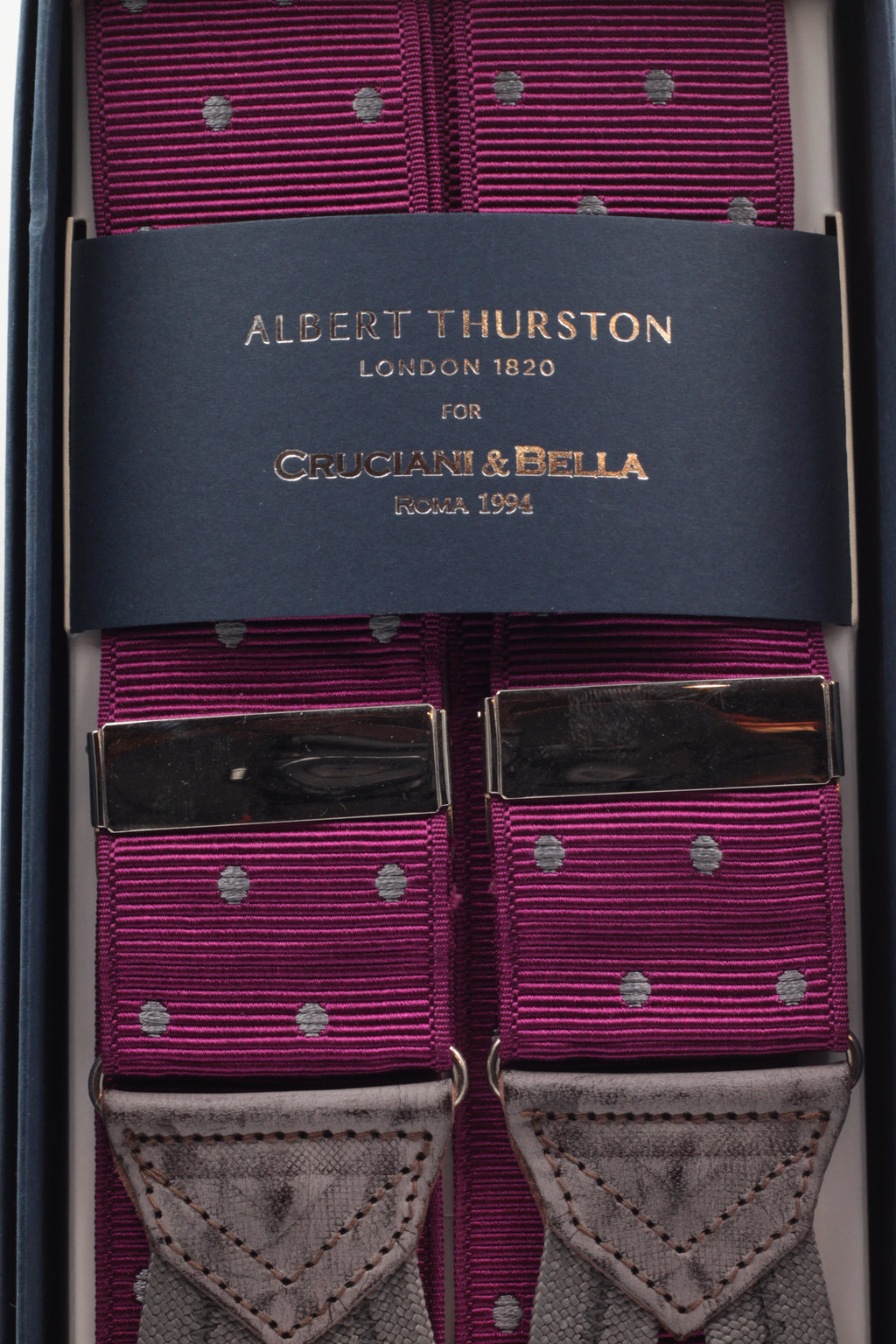 Albert Thurston for Cruciani & Bella Made in England Adjustable Sizing 40 mm Woven Barathea  Purple, grey dots braces Braid ends Y-Shaped Nickel Fittings Size: XL