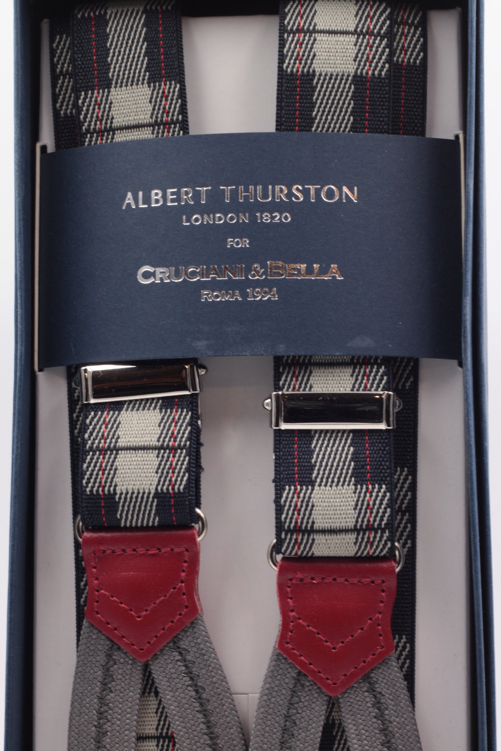 Albert Thurston for Cruciani & Bella Made in England Adjustable Sizing 25 mm elastic brace Grey tartan Braid ends Y-Shaped Nickel Fittings Size: L