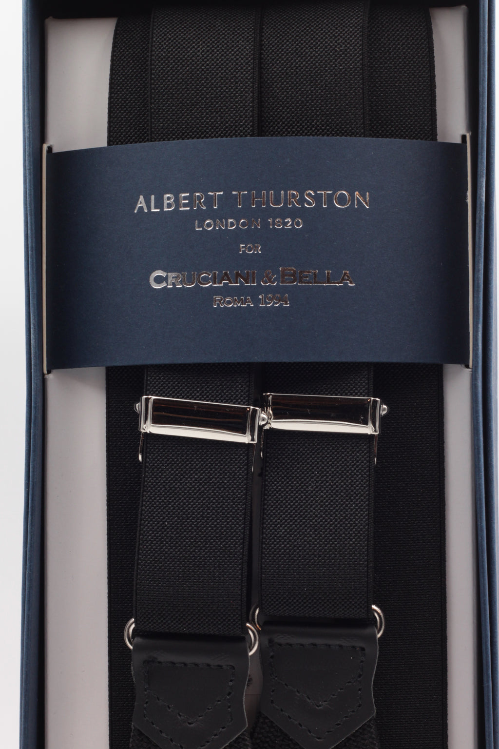 Albert Thurston for Cruciani & Bella Made in England Adjustable Sizing 25 mm elastic braces Black plain Braid ends Y-Shaped Nickel Fittings Size: L