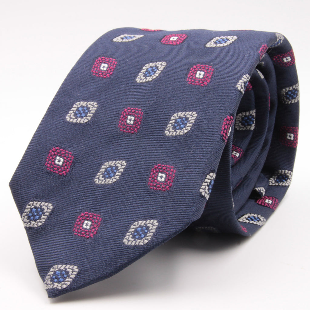 Cruciani & Bella 100% Silk Jacquard  Blue, Magenta, Light Blue and White Medallions Tie Handmade in Italy 8 cm x 150 cm #4482