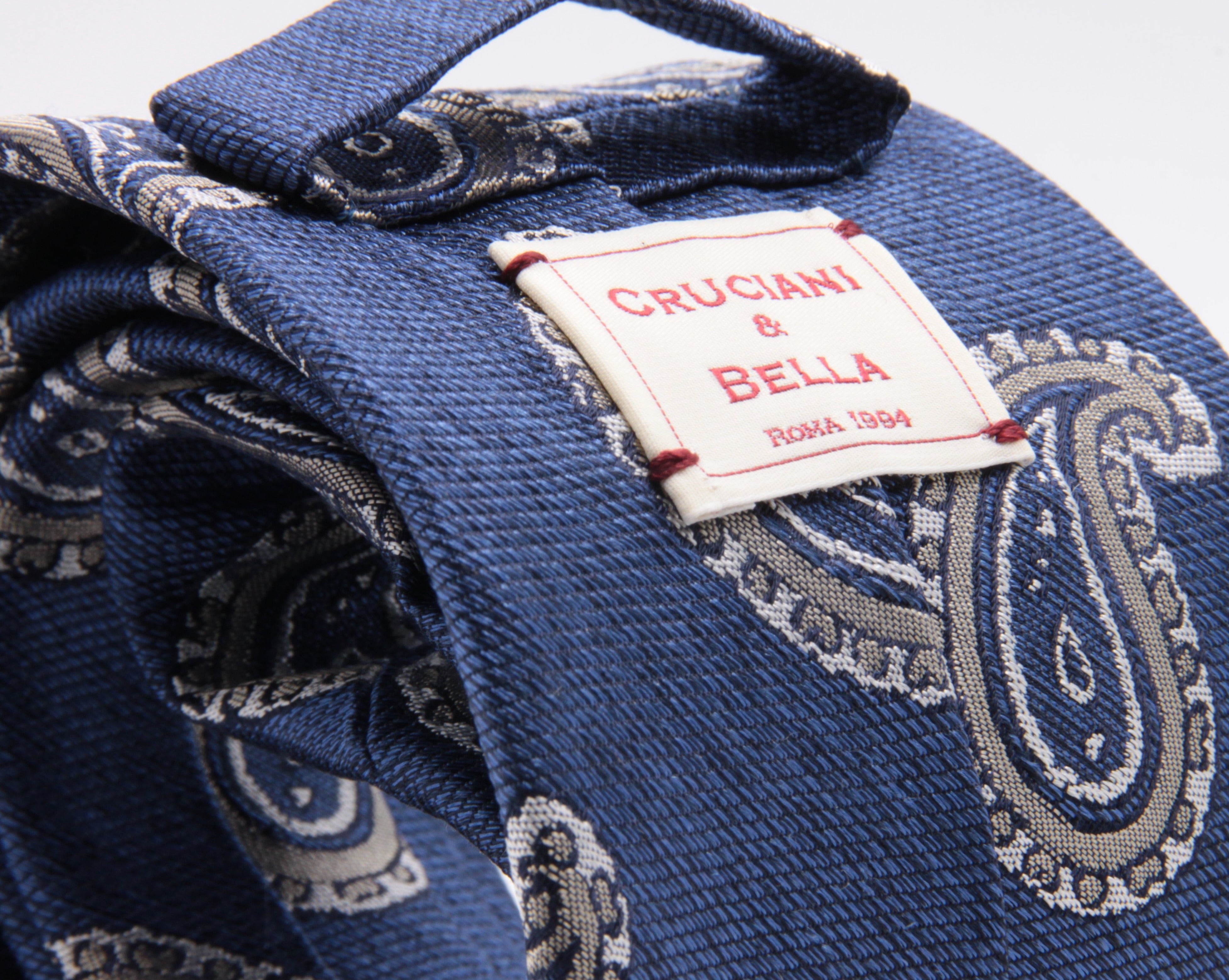 Cruciani & Bella 100% Silk Jacquard  Tipped Denim blue, White and Grey Paisley Tie Handmade in Italy 8 cm x 150 cm #4448  