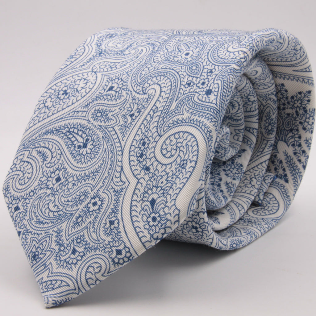 Drake's for Cruciani e Bella Printed 60% Silk 40% Cotton Self-Tipped White and Light Blue Paysley Motif Tie Handmade in London, England 8 cm x 149 cm #5417