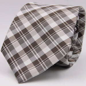 Cruciani & Bella 100% Woven Jacquard Silk Italian Fabric Self-Tipped Brown and White checked Tie Handmade in italy 8 x 150 cm