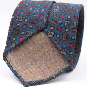 Cruciani & Bella 100%  Printed Wool  Unlined Hand rolled blades Blue, Grey, Orange and Red Motif Tie Handmade in Italy 8 cm x 150 cm #5979