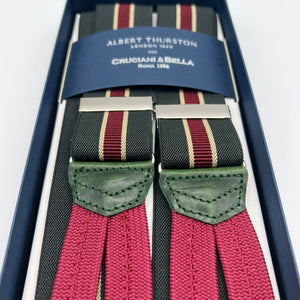 Albert Thurston for Cruciani & Bella Made in England Adjustable Sizing 35 mm Elastic Braces Green and Red Stripe Braces Braid ends Y-Shaped Nickel Fittings Size: L #7416