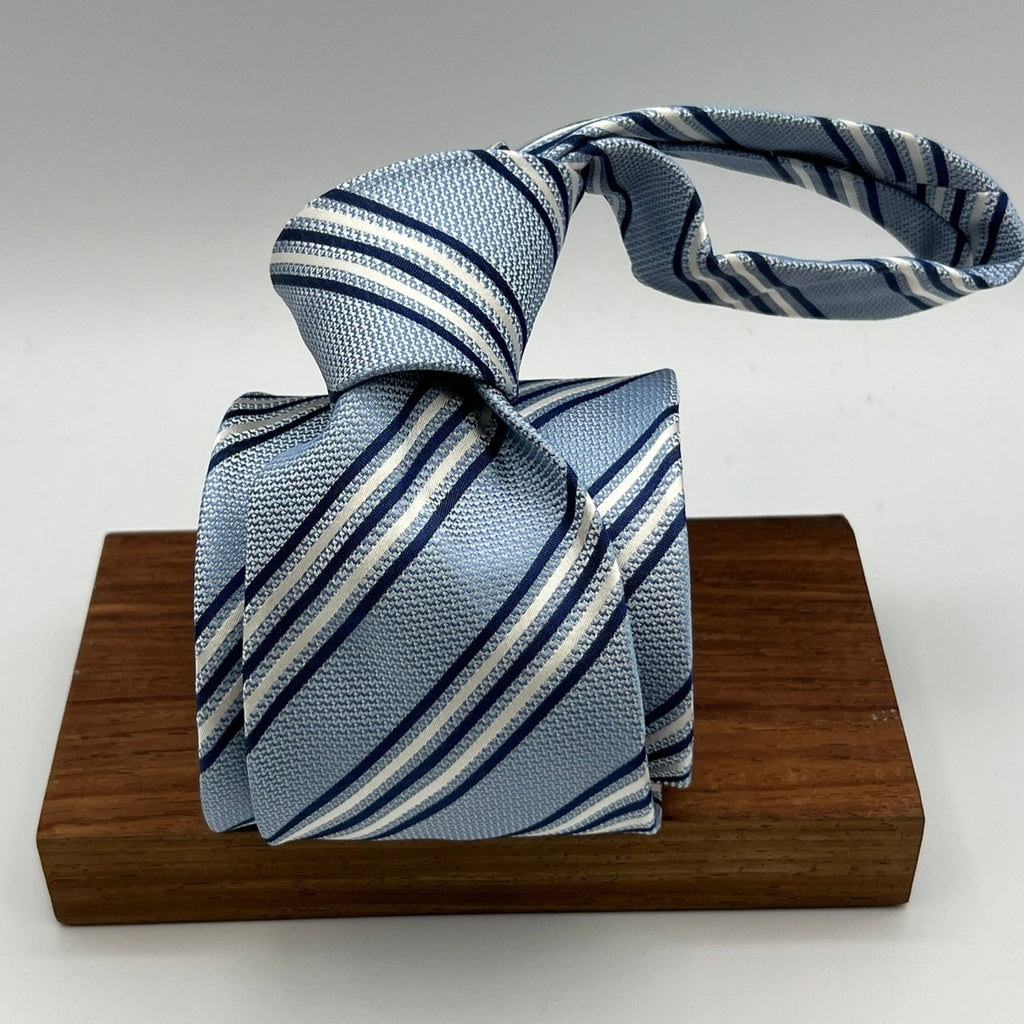 Drake's for Cruciani & Bella 100% Silk Garza Piccola Tipped  Light Blue, Blue and White Stripes  Tie Handmade in England 9,5 cm x 146 cm #6545