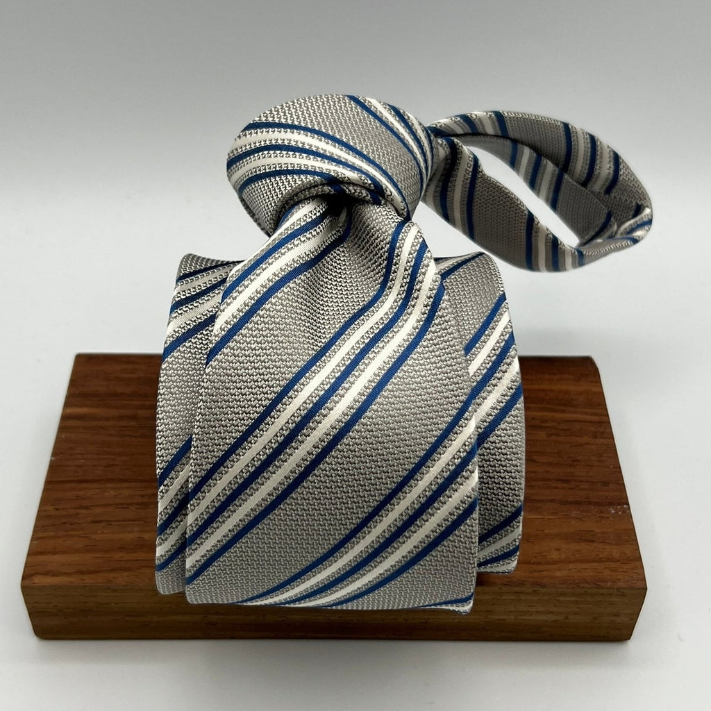 Drake's for Cruciani & Bella 100% Silk Jaquard Tipped  Grey, White and Blue Stripes  Tie Handmade in England 9,5cm x 146 cm #6555