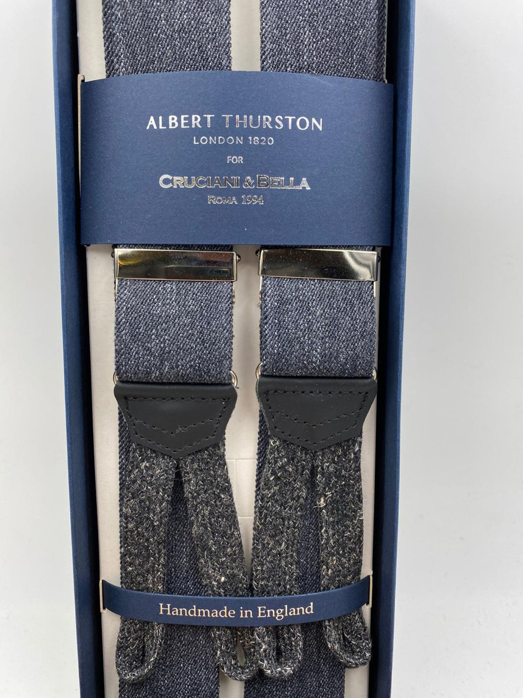 Albert Thurston for Cruciani & Bella Made in England Adjustable Sizing 35 mm elastic braces Dark Grey and blue Melange Plain Braid ends Y-Shaped Nickel Fittings Size: L