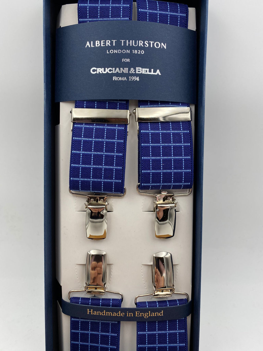 Albert Thurston for Cruciani & Bella Made in England Clip on Adjustable Sizing 35 mm elastic braces Blue and Sky Blue Squares X-Shaped Nickel Fittings Size: L #4811