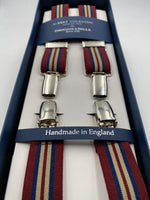 Albert Thurston for Cruciani & Bella Made in England Clip on Adjustable Sizing 25 mm elastic braces Bourgundy, Blue and Beige Stripes X-Shaped Nickel Fittings Size: L #4843