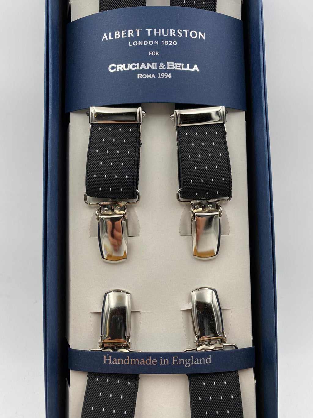 Albert Thurston for Cruciani & Bella Made in England Clip on Adjustable Sizing 25 mm elastic braces Black whit White Dots X-Shaped Nickel Fittings Size: L #4122