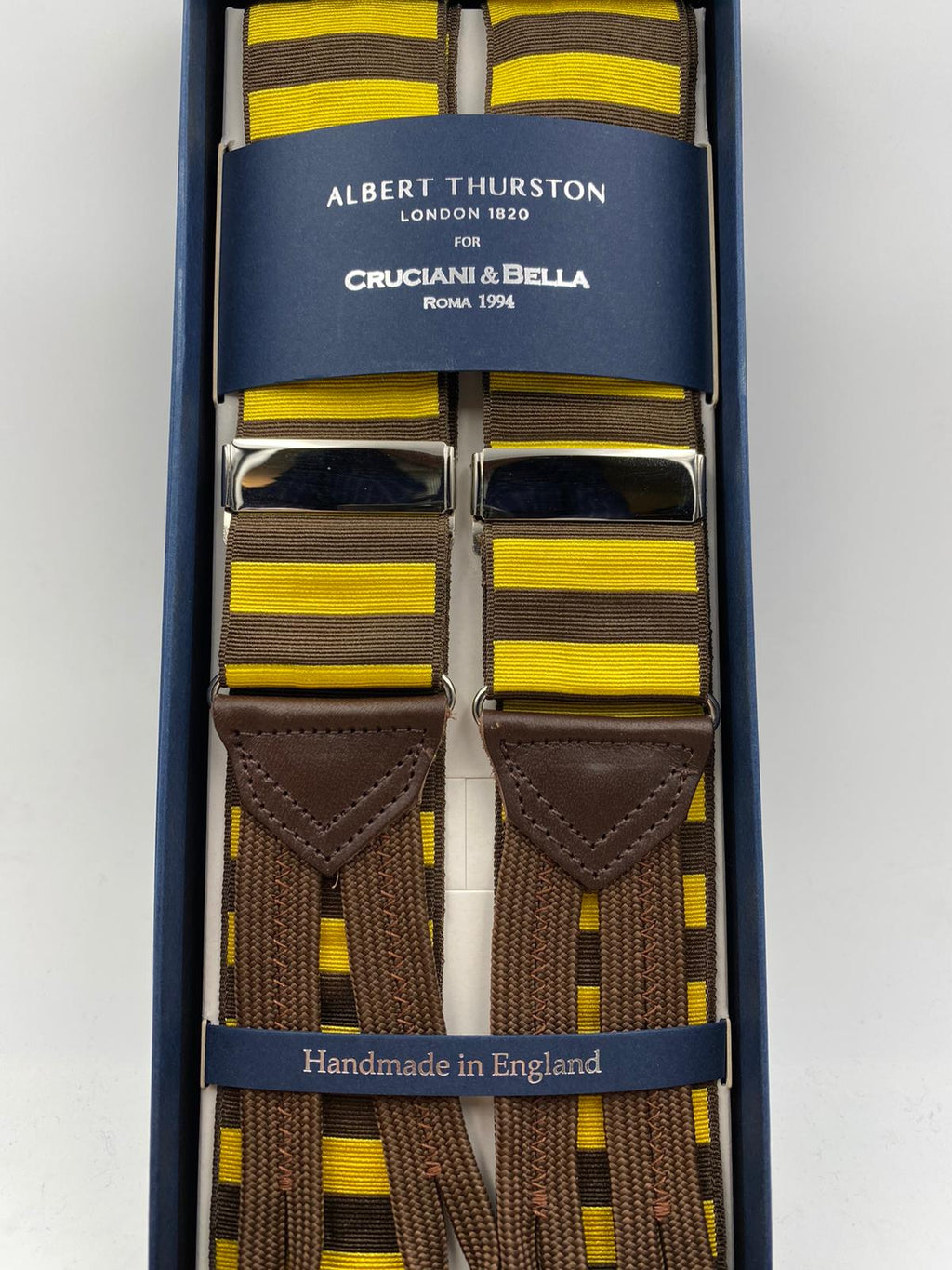 Albert Thurston for Cruciani & Bella Made in England Adjustable Sizing 40 mm Woven Barathea  Brown and Yellow horizontal Stripes Braces Braid ends Y-Shaped Nickel Fittings Size: XL #4989