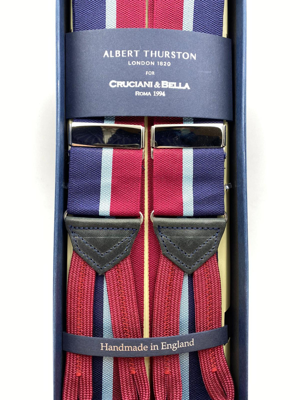 Albert Thurston for Cruciani & Bella Made in England Adjustable Sizing 40 mm Woven Barathea  Blue, Sky Blue and Red Stripes Braces Braid ends Y-Shaped Nickel Fittings Size: L #2366