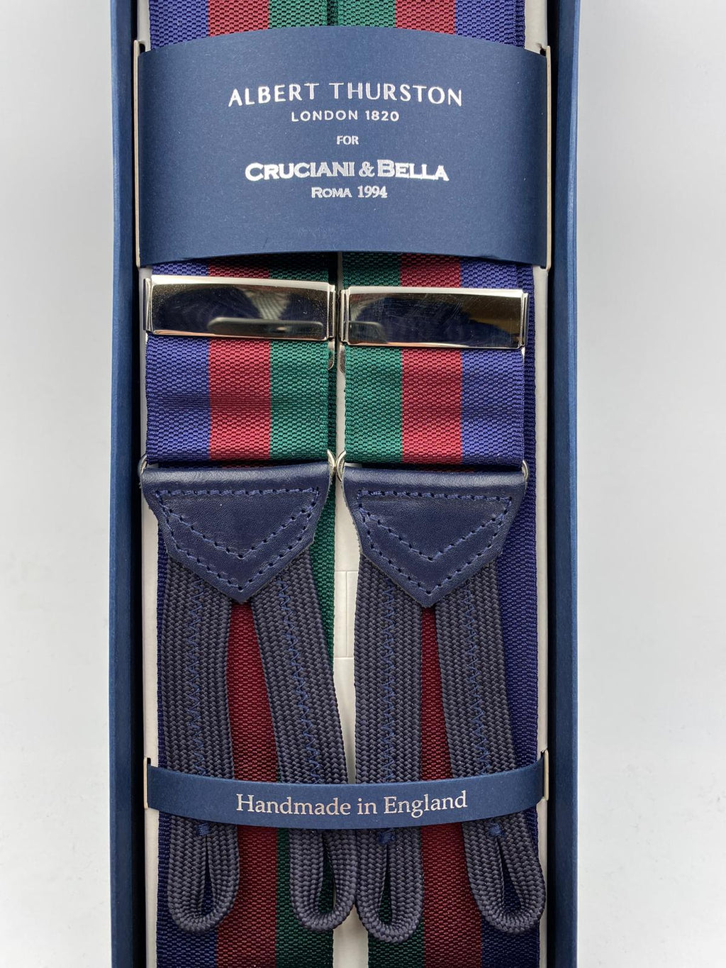 Albert Thurston for Cruciani & Bella Made in England Adjustable Sizing 40 mm Woven Barathea  Blue, Bourgundy and Green Stripes Braces Braid ends Y-Shaped Nickel Fittings Size: XL #5000