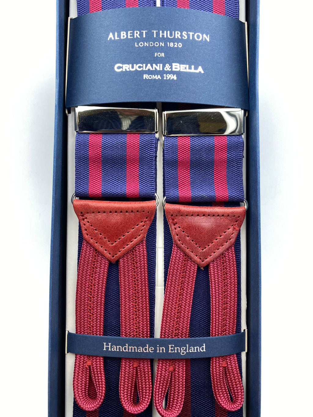 Albert Thurston for Cruciani & Bella Made in England Adjustable Sizing 40 mm Woven Barathea  Blue and Bourgundy Stripes Braces Braid ends Y-Shaped Nickel Fittings Size: XL #5002