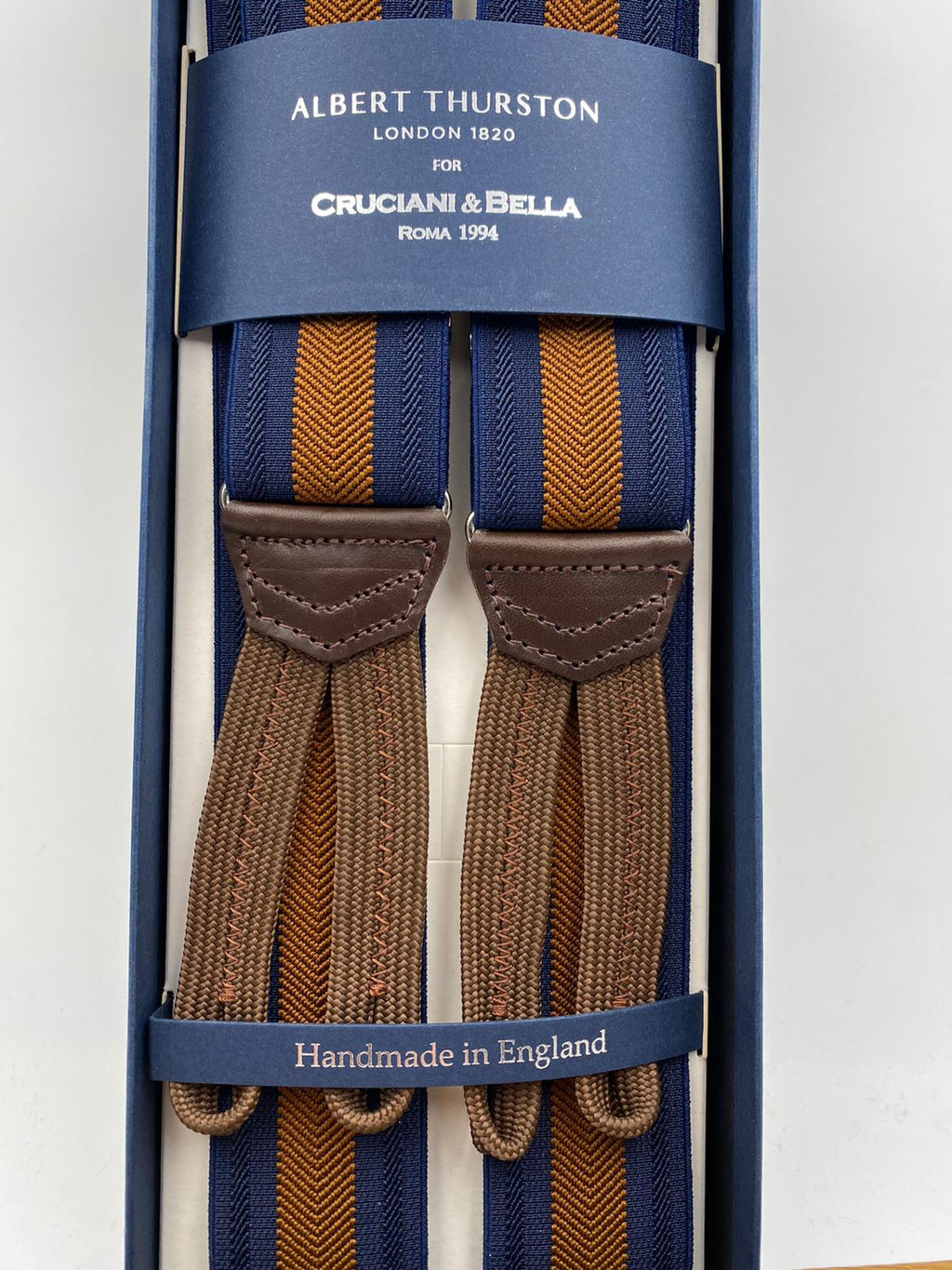 Albert Thurston for Cruciani & Bella Made in England Adjustable Sizing 35 mm elastic  braces Brown Harringbone and Blue Stripes braces Braid ends Y-Shaped Nickel Fittings Size: L #4966