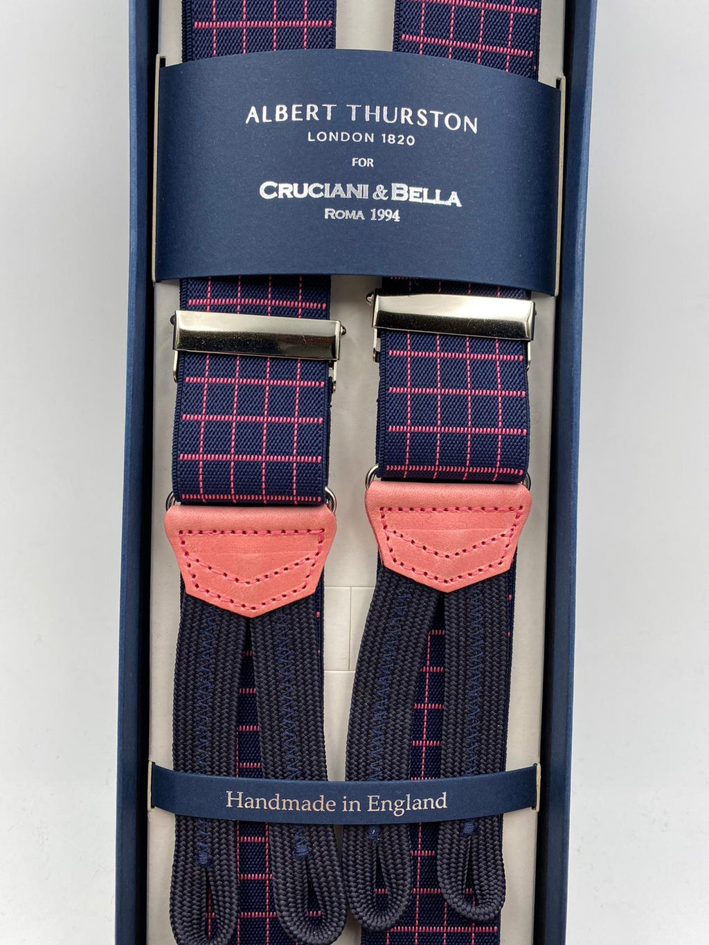 Albert Thurston for Cruciani & Bella Made in England Adjustable Sizing 35 mm elastic  braces Blue and Pink Checks braces Braid ends Y-Shaped Nickel Fittings Size: L #4961