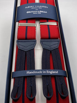 Albert Thurston for Cruciani & Bella Made in England Adjustable Sizing 35 mm elastic Red and Blue Navy Stripe braces Braid ends Y-Shaped Nickel Fittings Size: L